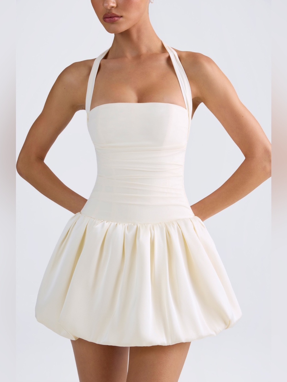 Ludmila Halterneck Lace-Up Bubble Hem Corset Micro Mini Dress in Ivory - Size 10 - Picture 4 of 11
